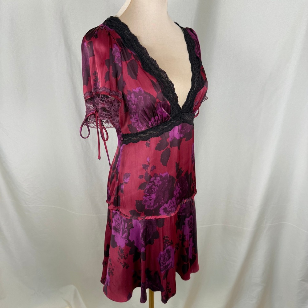 Free People Jos Printed Satin Mini Dress Berry Combo Drop Waist Lace Sz XS EUC - Picture 4 of 12